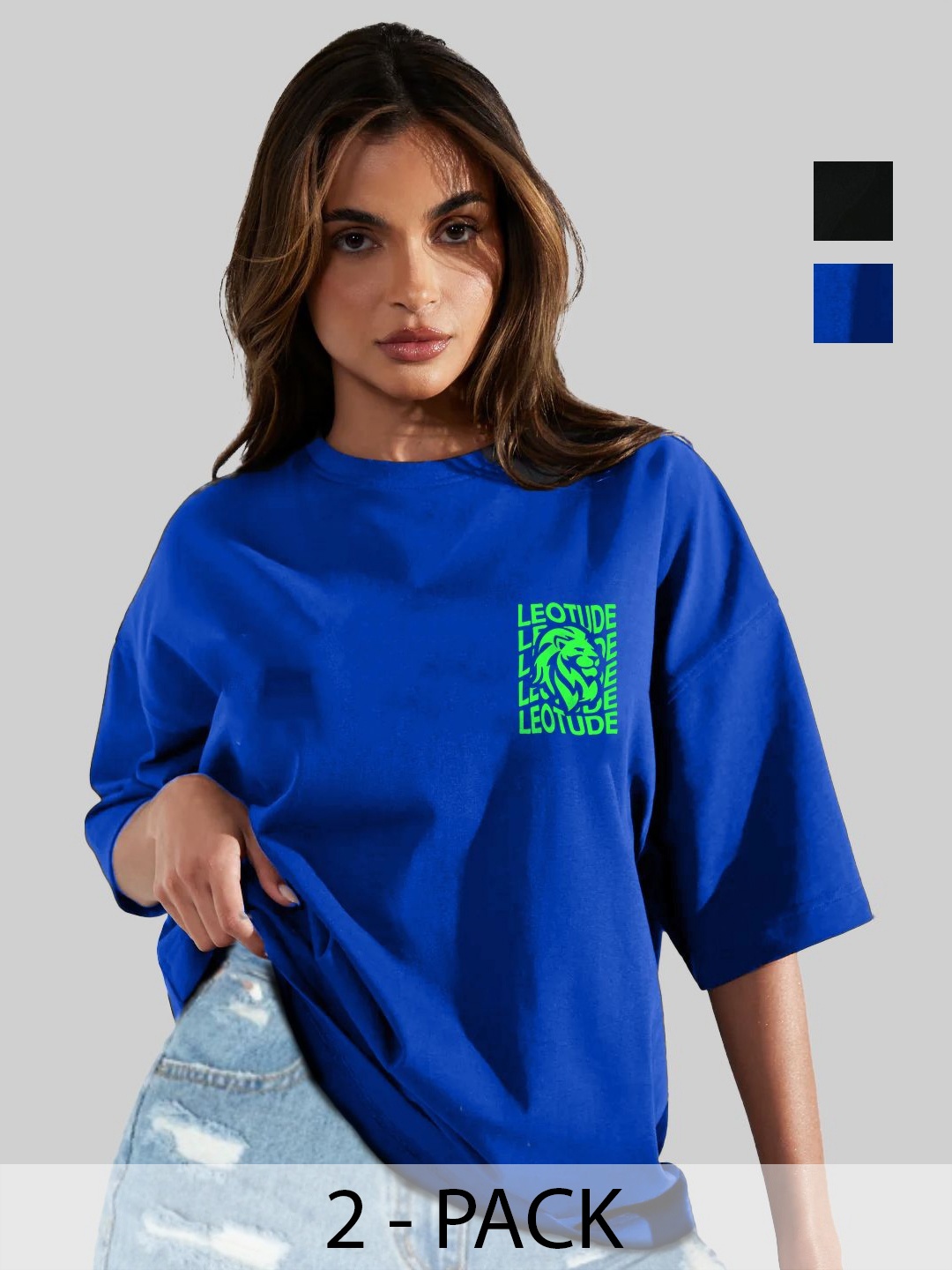 

Leotude Women Pack Of 2 Typography Printed Round Neck Cotton Oversized T-shirts, Blue