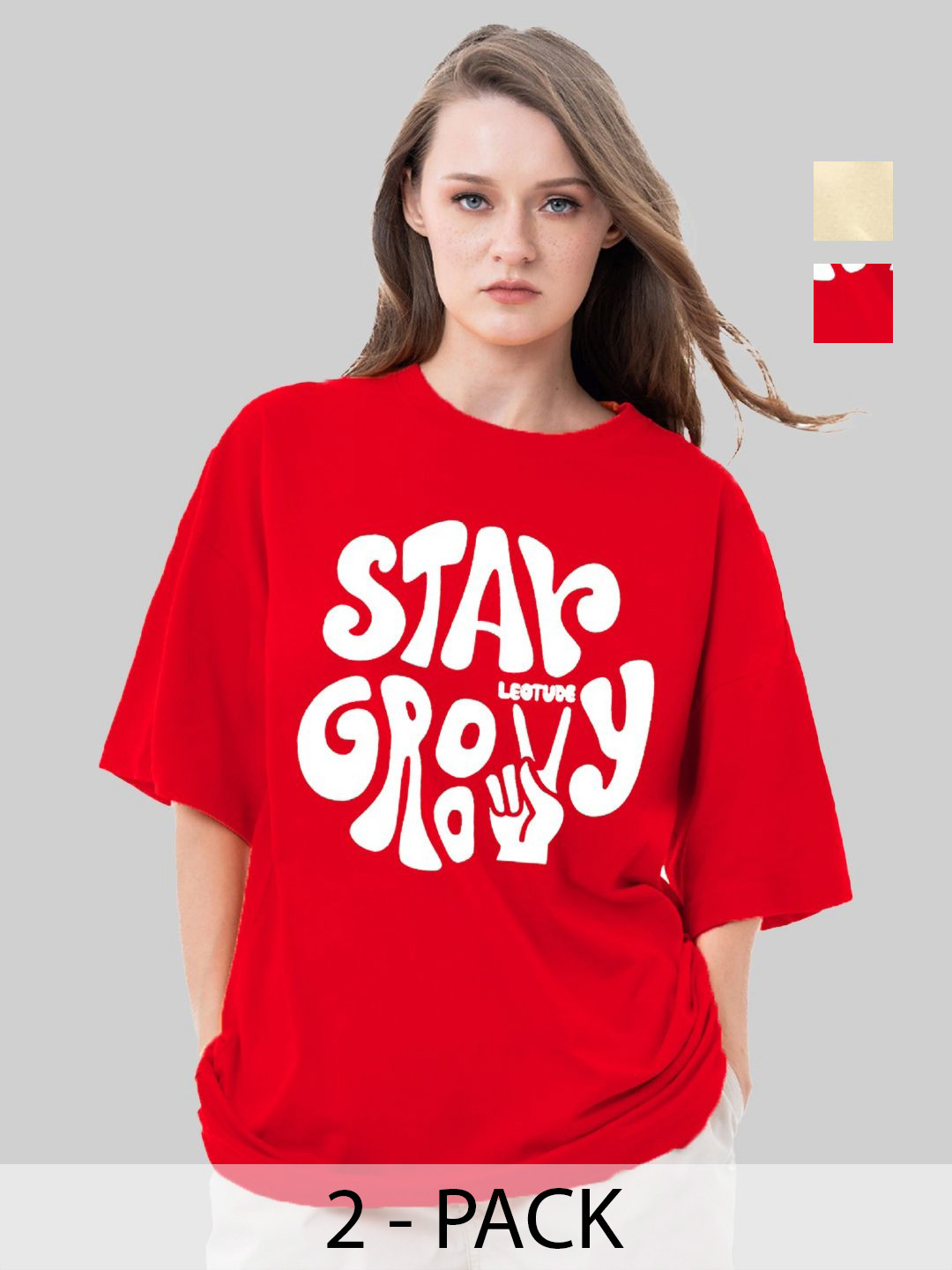 

Leotude Women Pack Of 2 Typography Printed Round Neck Cotton Oversized T-shirts, Red