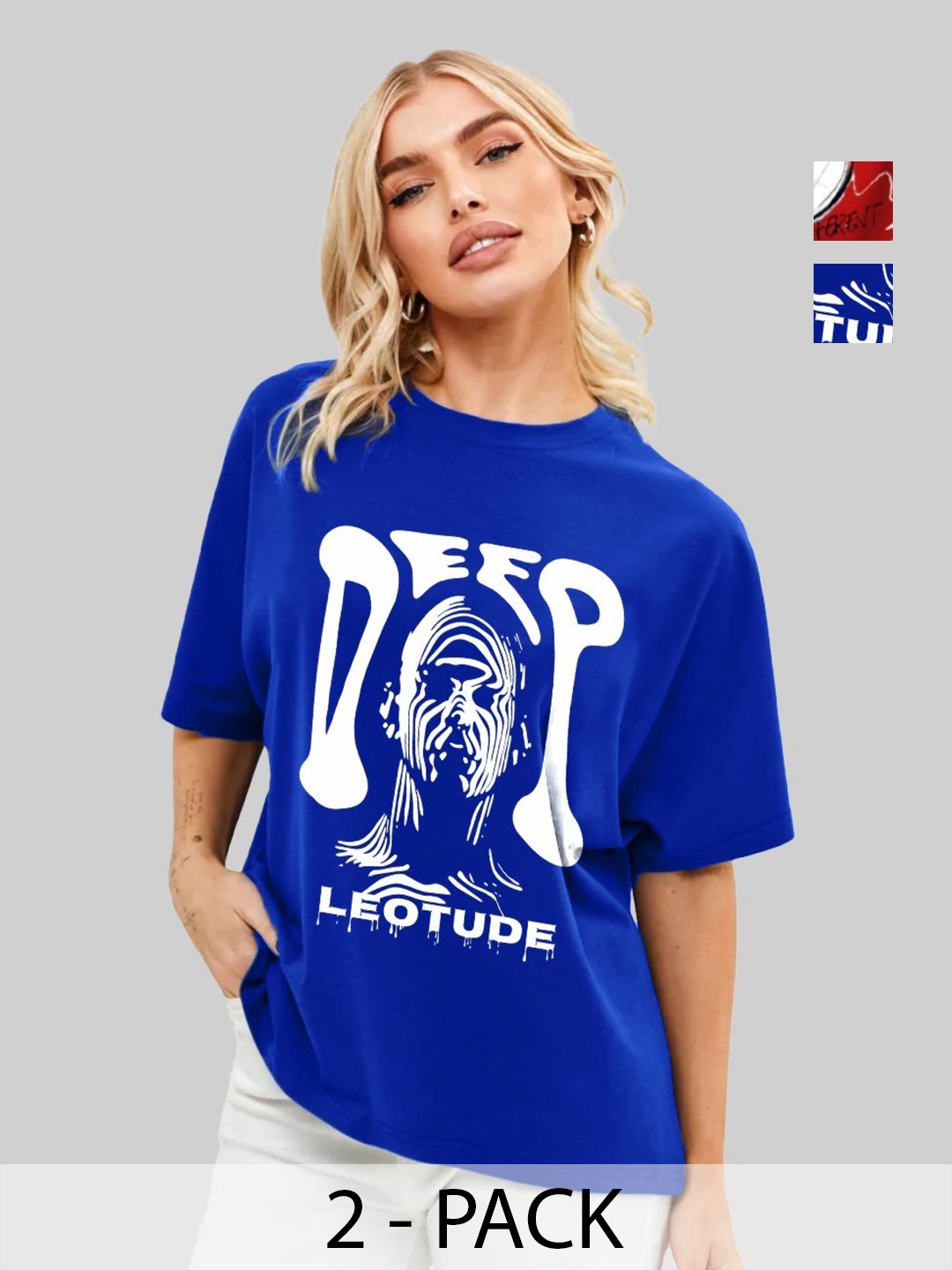 

Leotude Women Pack Of 2 Graphic Printed Round Neck Cotton Oversized T-shirts, Blue