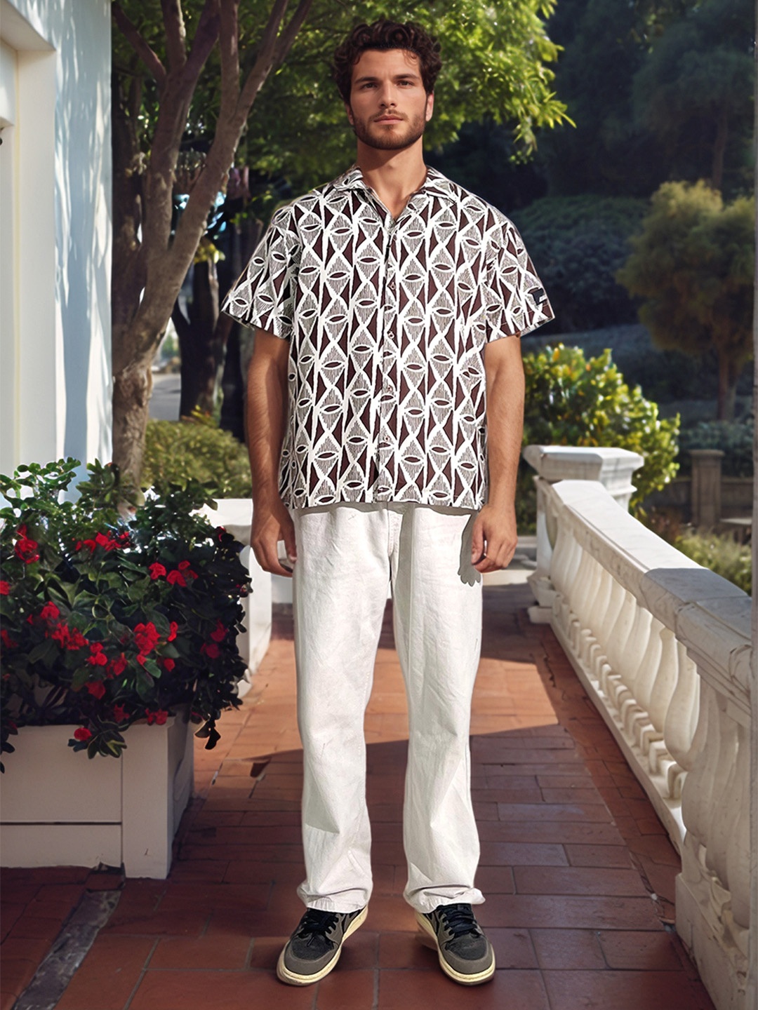 

UNRL Geometric Printed Relaxed Fit Casual Shirt, Brown