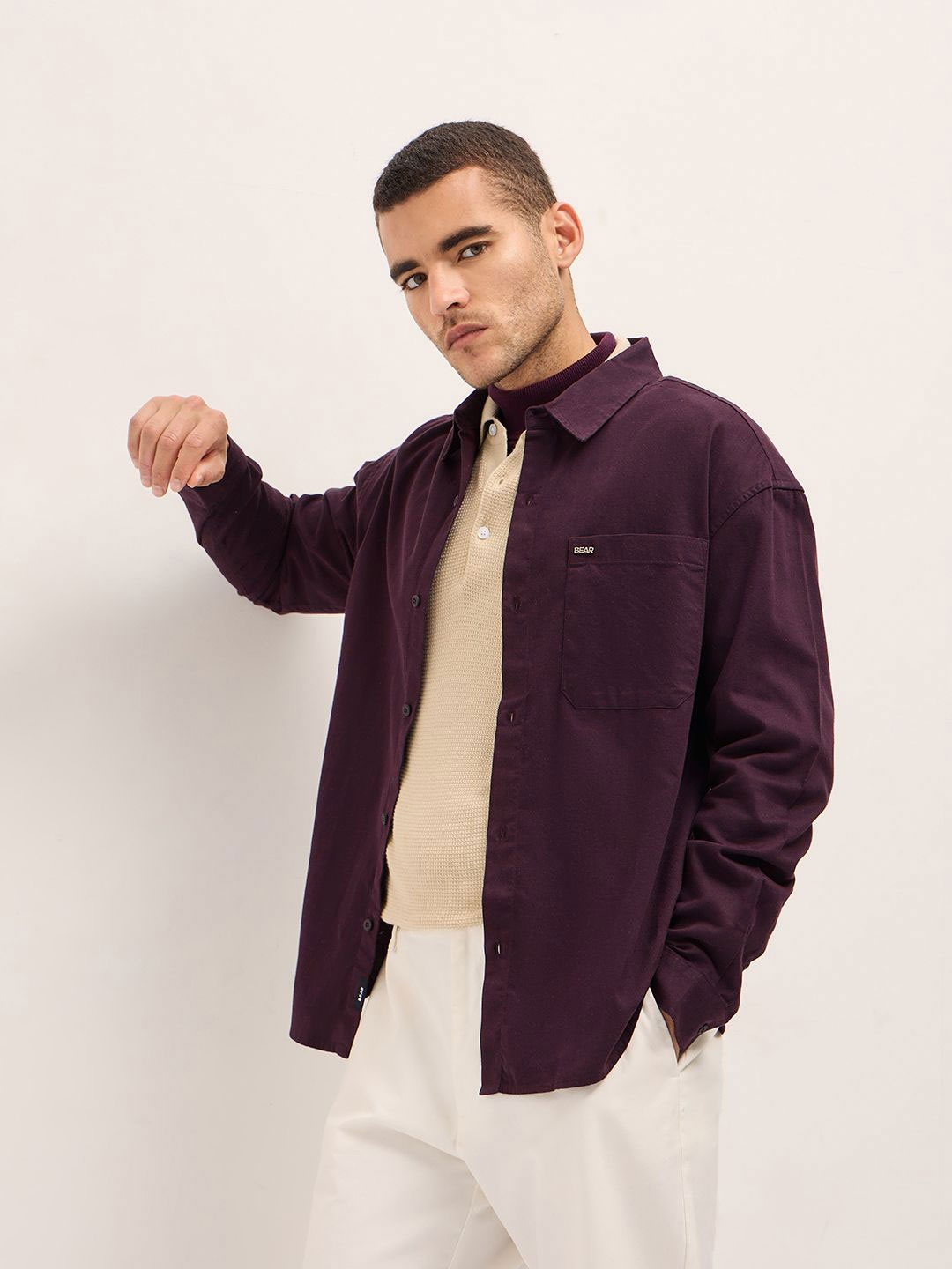

THE BEAR HOUSE Men Solid Spread Collar Relaxed Fit Shackets, Purple