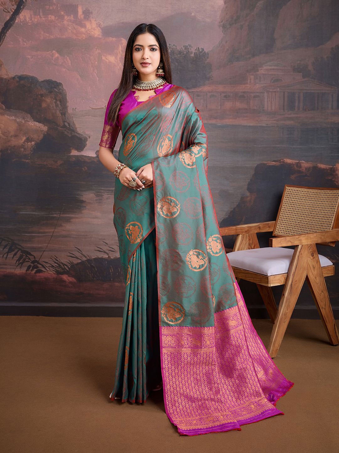 

House of Pataudi Woven Design Saree, Sea green
