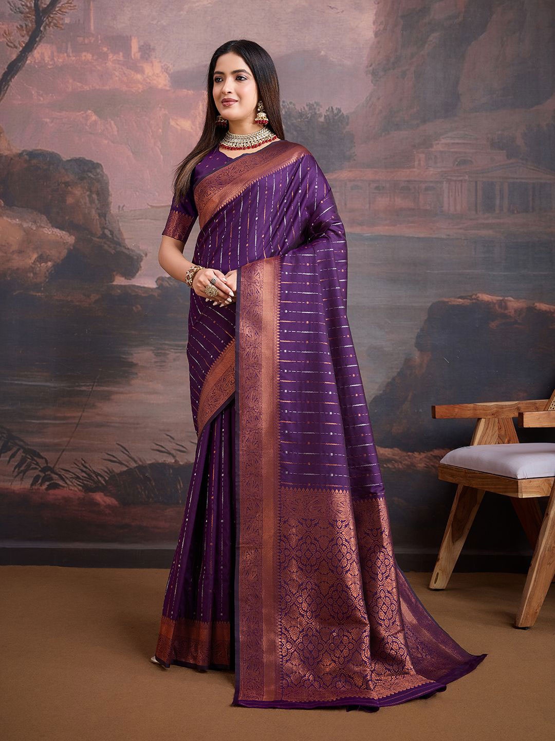 

House of Pataudi Geometric Woven Design Banarasi Saree With Blouse Piece, Purple