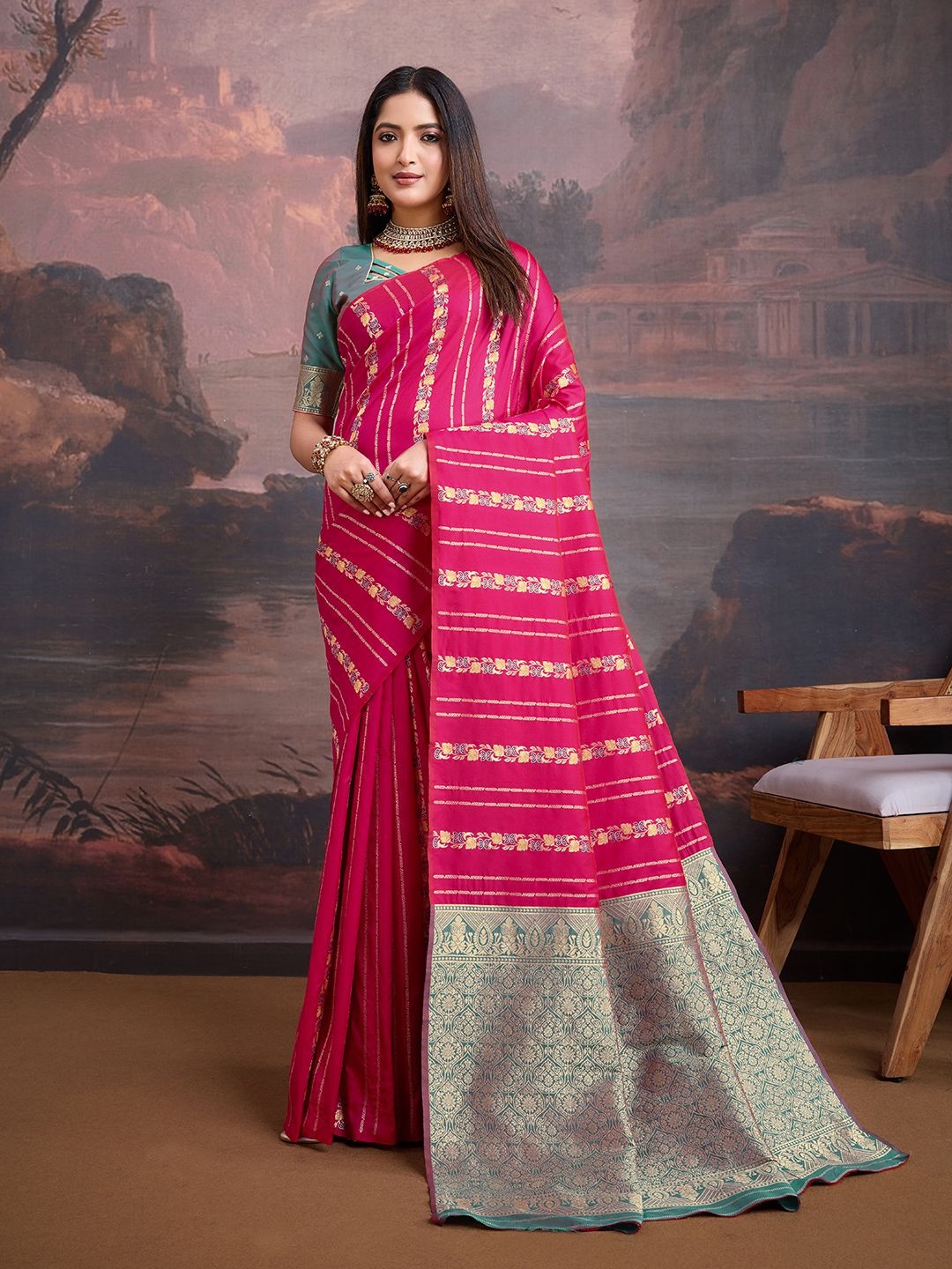 

House of Pataudi Woven Design Banarasi Saree With Blouse Piece, Pink