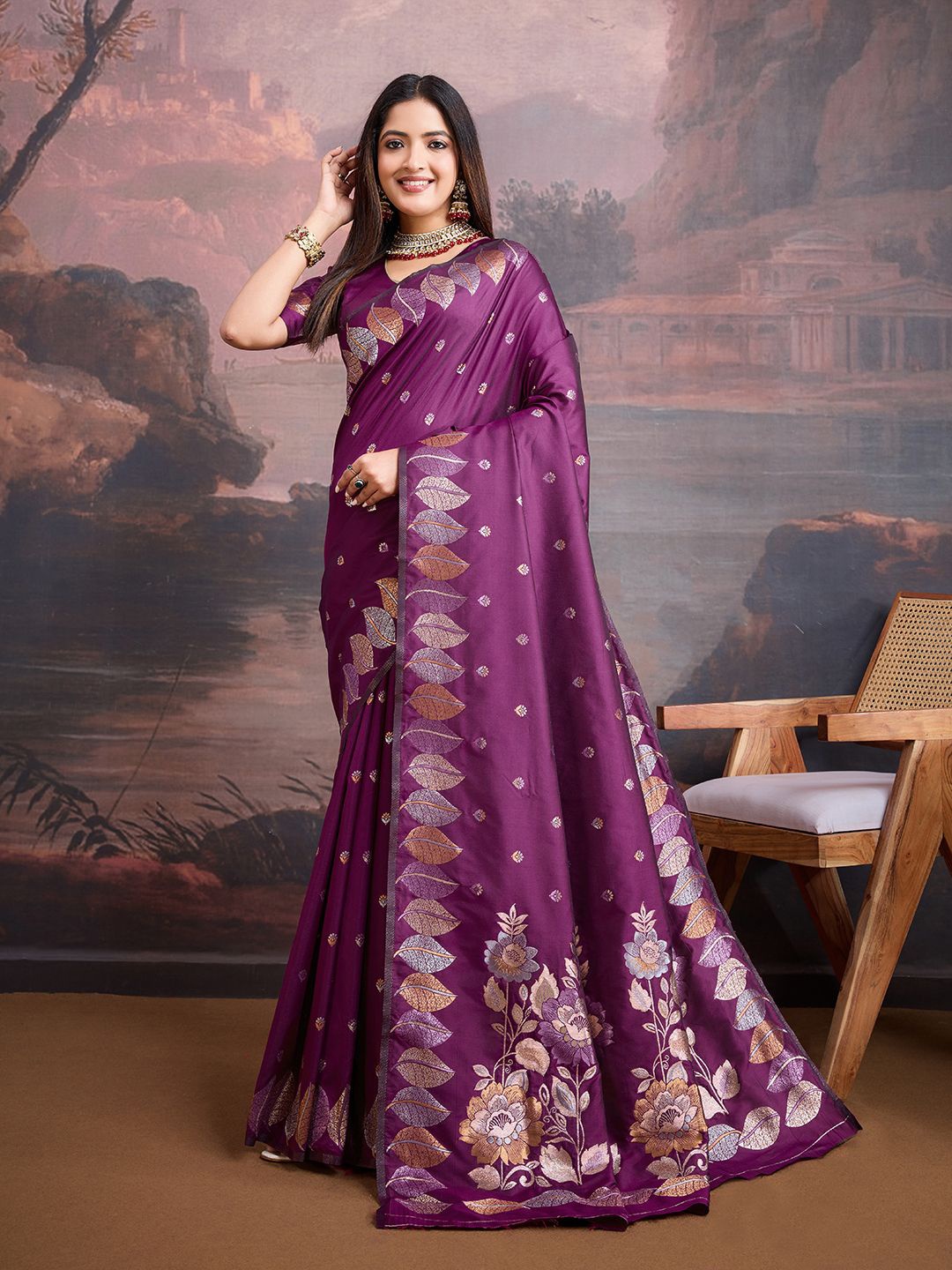 

House of Pataudi Floral Woven Design Zari Saree, Burgundy