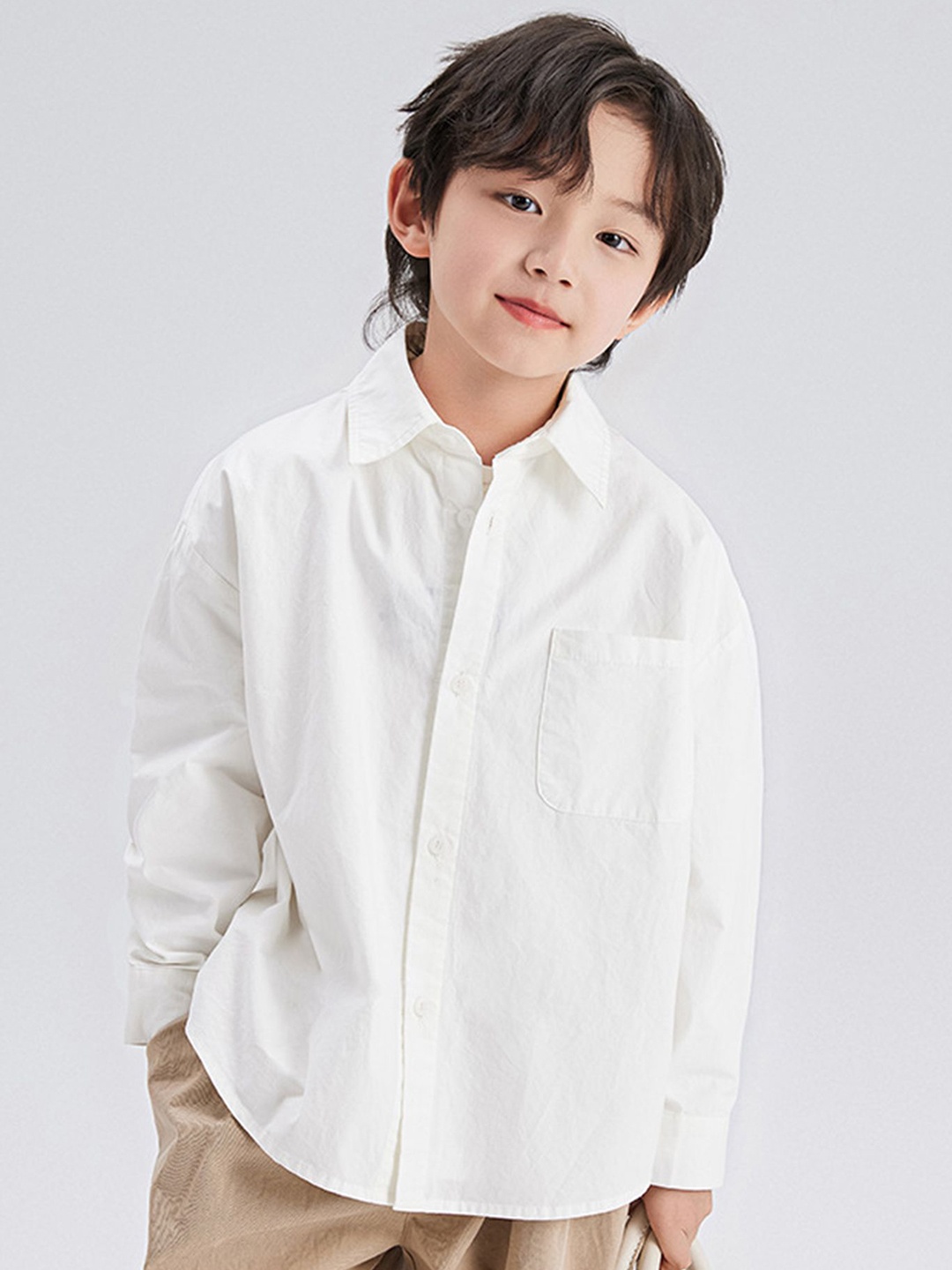 

LULU & SKY Boys Relaxed Fit Spread Collar Solid Cotton Casual Shirt, Off white