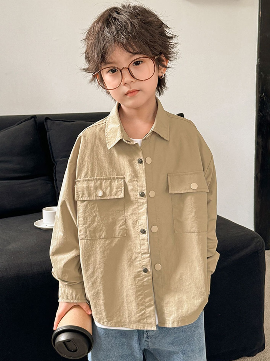 

LULU & SKY Boys Relaxed Fit Spread Collar Solid Casual Shirt, Khaki