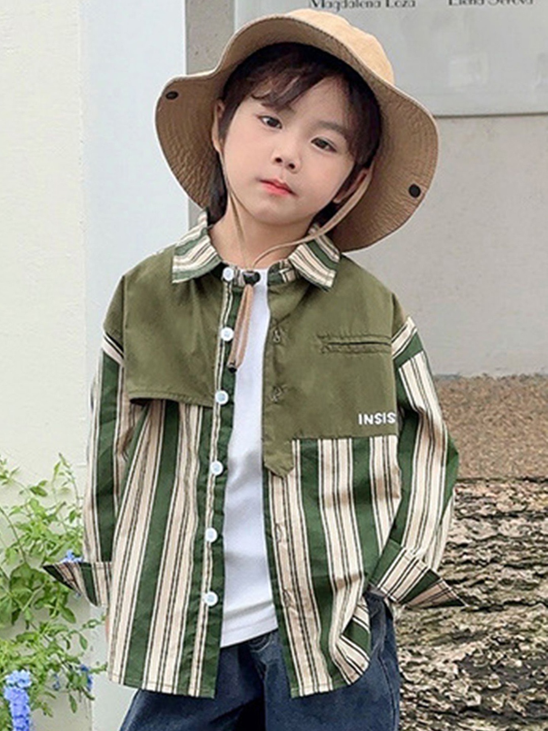 

LULU & SKY Boys Spread Collar Vertical Striped Cotton Casual Shirt, Olive