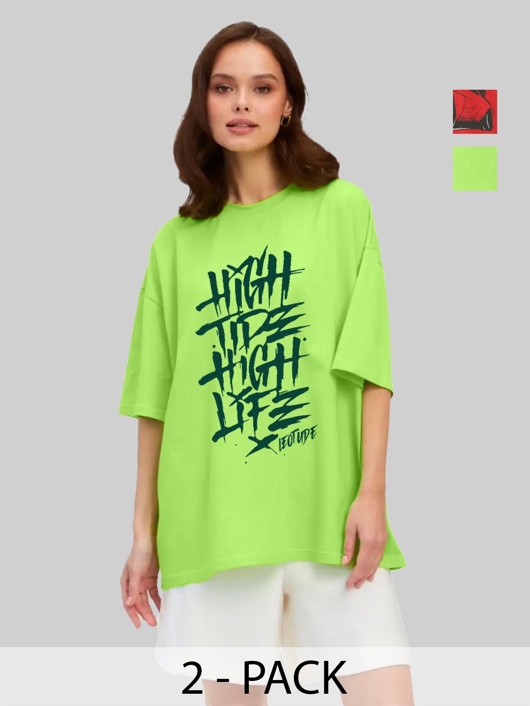 

Leotude Women Pack Of 2 Typography Printed Round Neck Cotton Oversized T-shirts, Green