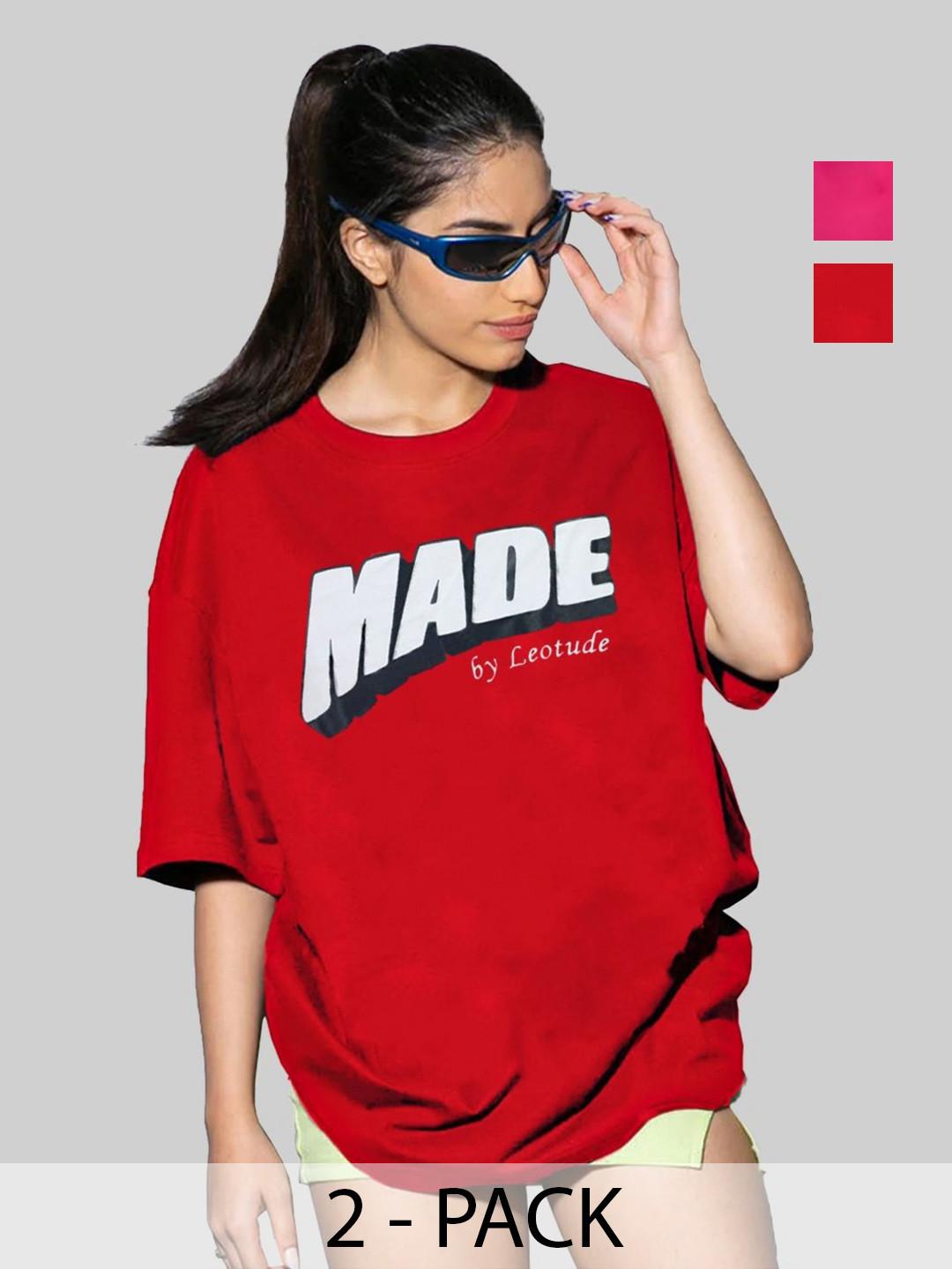 

Leotude Women Pack Of 2 Typography Printed Round Neck Cotton Oversized T-shirts, Red