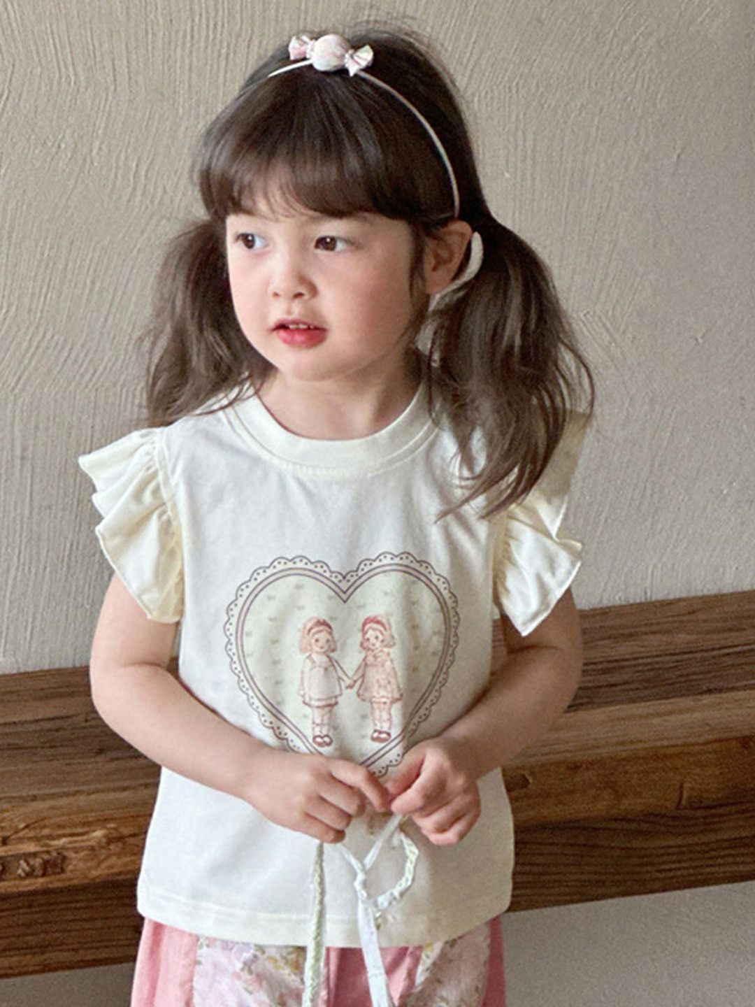 

LULU & SKY Girls Printed Flutter Sleeve Cotton Top, White