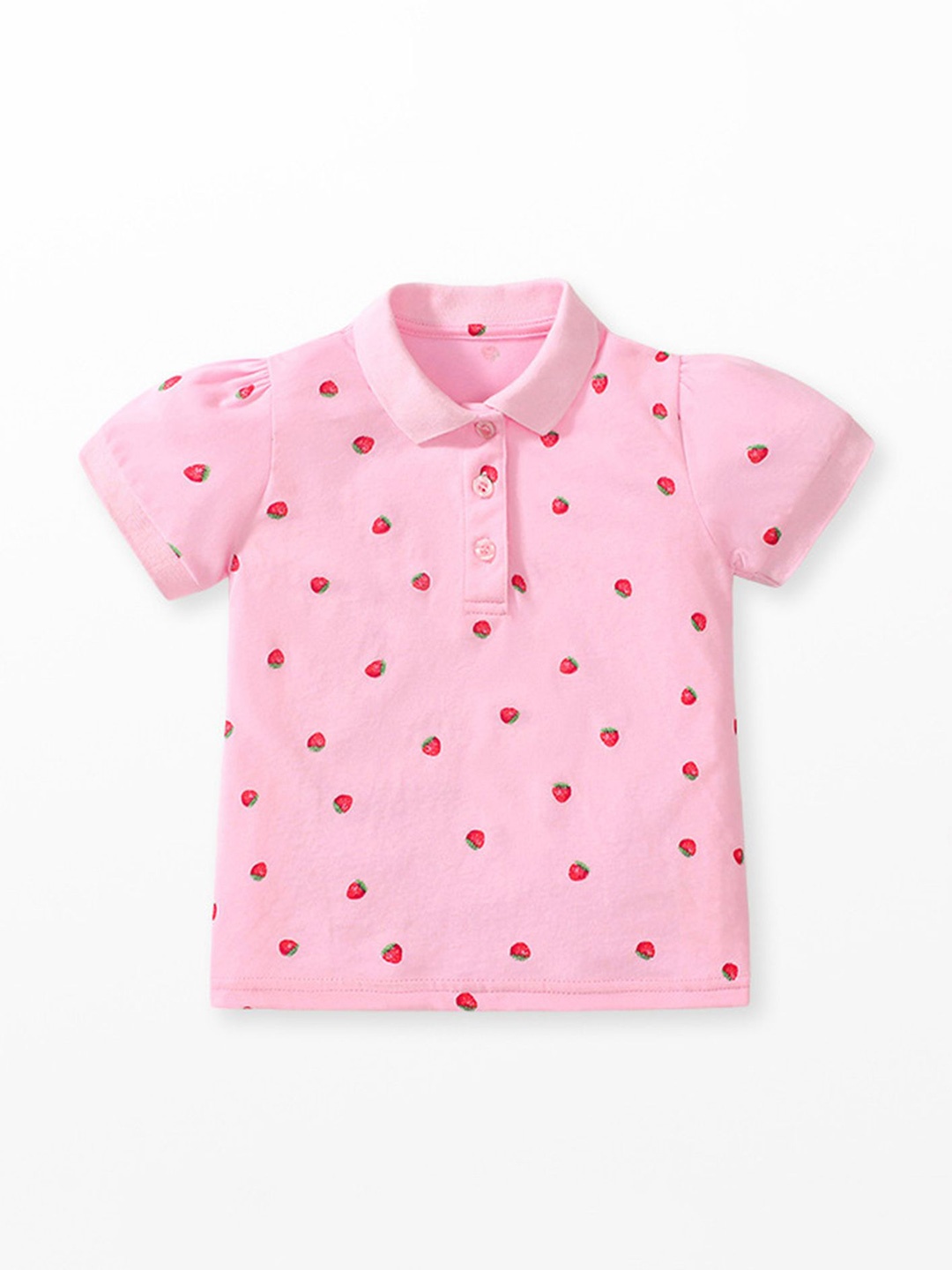 

LULU & SKY Girls Printed Shirt Collar Puff Sleeves Cotton Top, Pink