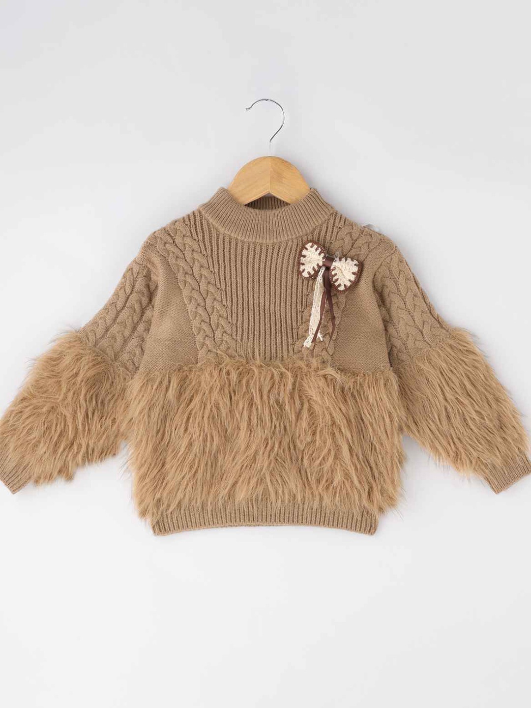 

Lagorii Girls Full Sleeves With Fur And Bow Embellished Pullover - Brown
