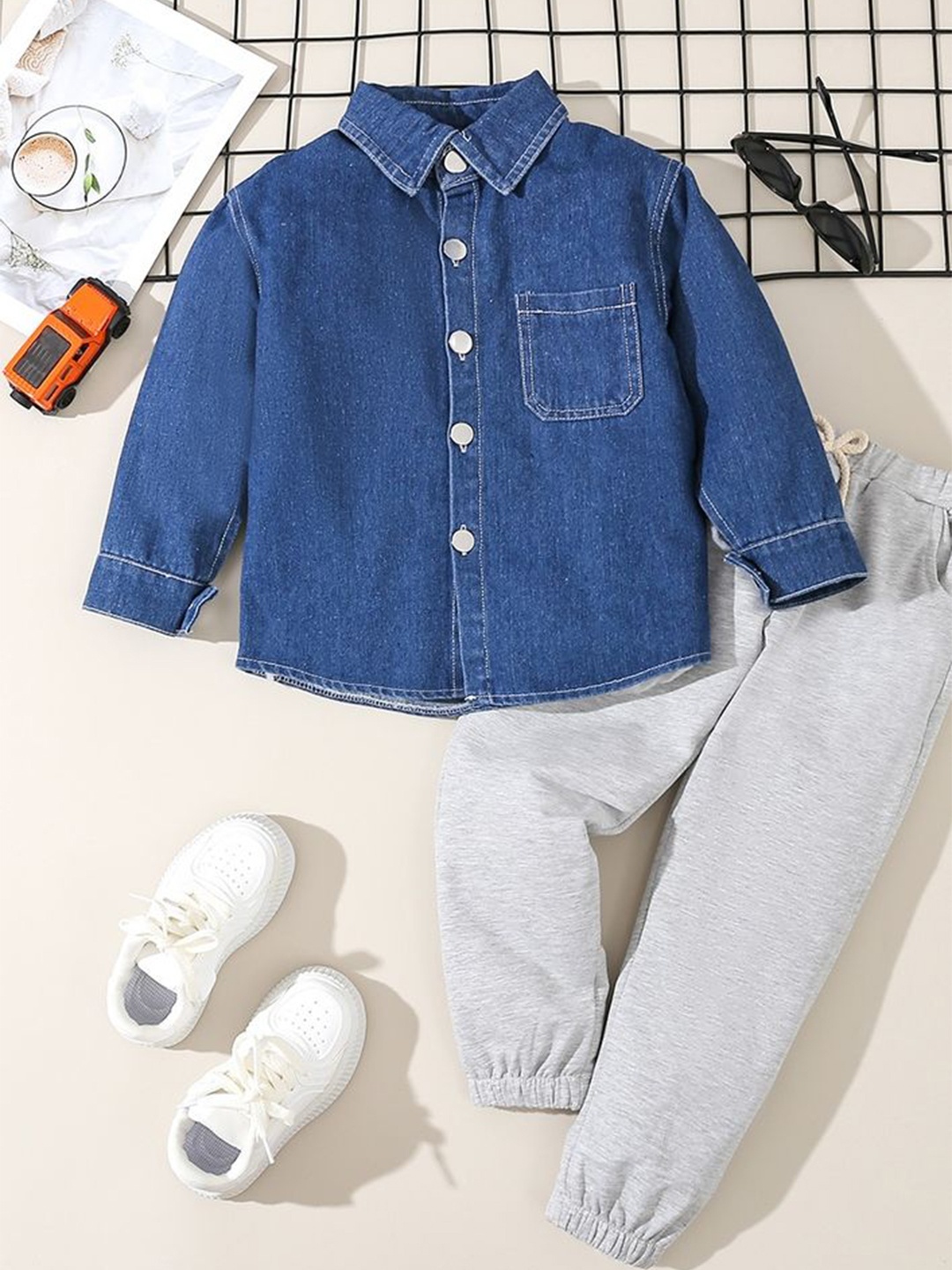 

LULU & SKY Boys Shirt Collar Denim Shirt With Joggers, Blue