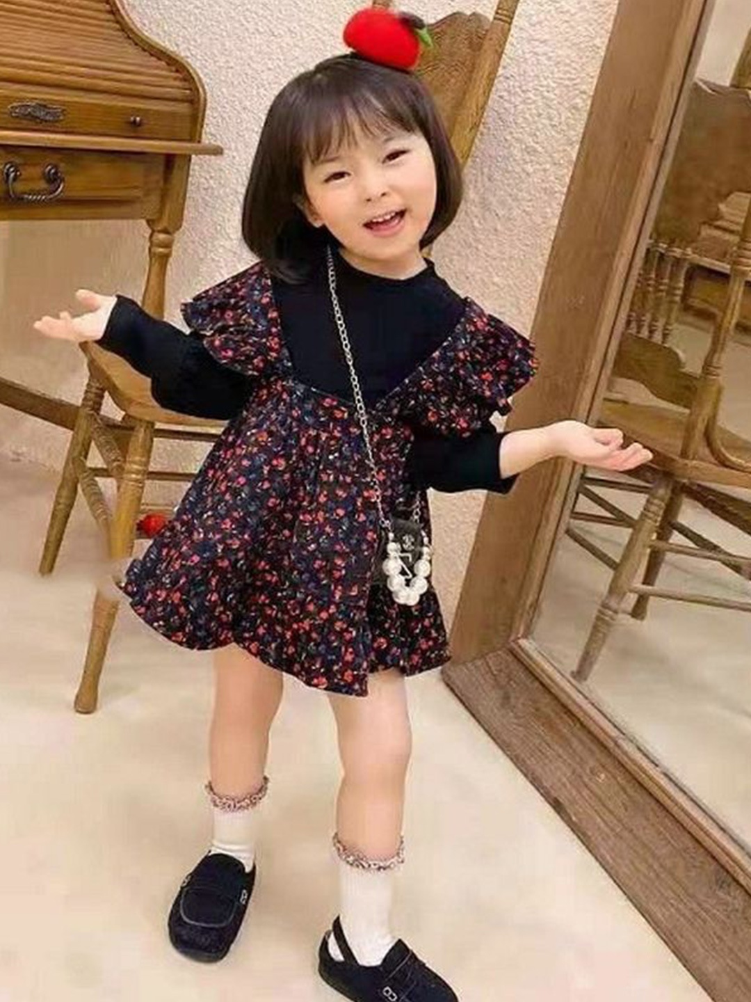 

LULU & SKY Girls Floral Printed Pure Cotton Pinafore Mini Dress With Top, Black
