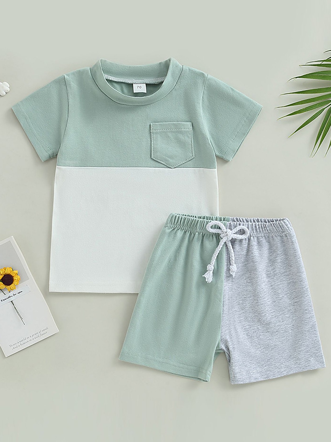 

LULU & SKY Boys Colourblocked Round Neck Pure Cotton Top With Shorts, Green