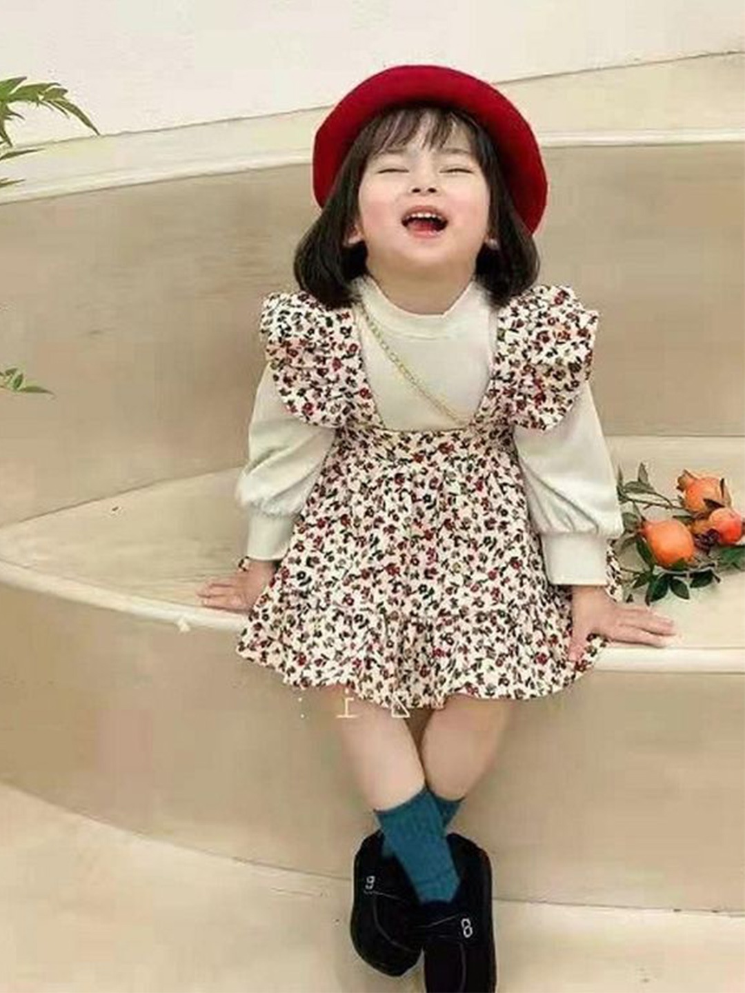 

LULU & SKY Floral Printed Pure Cotton Pinafore Mini Dress With Top, Off white