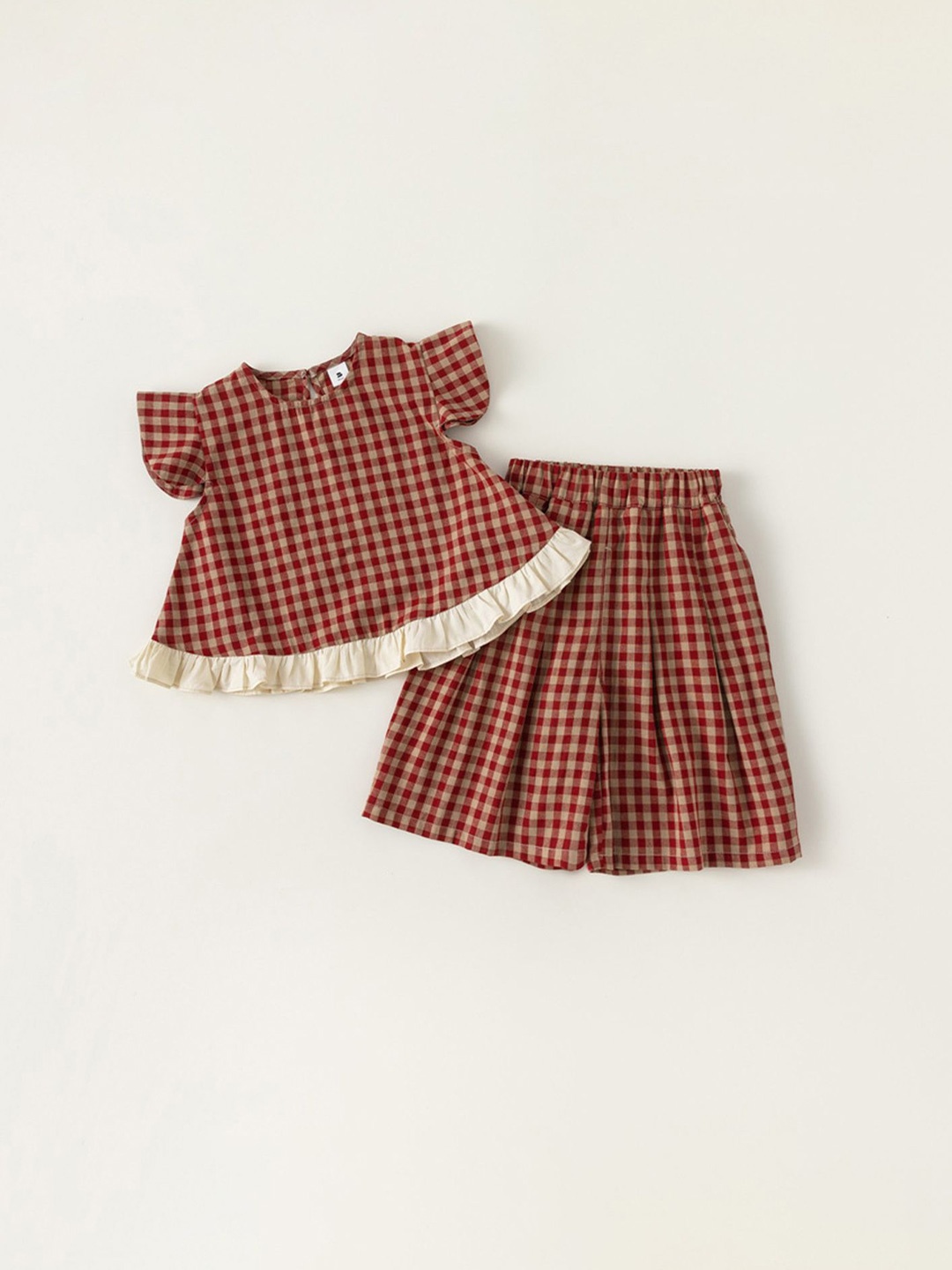 

LULU & SKY Girls Checked Round Neck Top with Shorts, Red