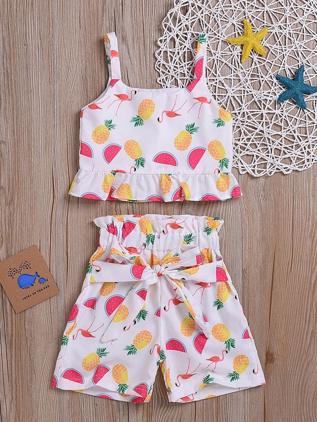 

LULU & SKY Girls Printed Square Neck Pure Cotton Top with Shorts, White