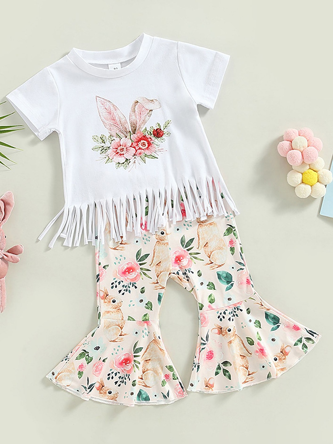 

LULU & SKY Girls Printed Pure Cotton T-Shirt With Trousers, White