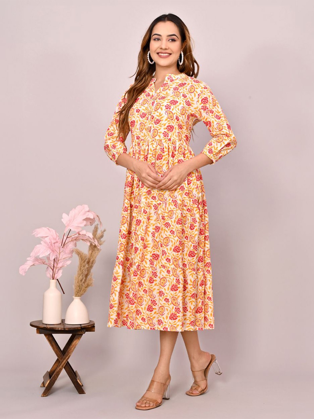 

FABRU Women Cotton Ethnic Motifs Printed Fit and Flare Midi Dress, Yellow