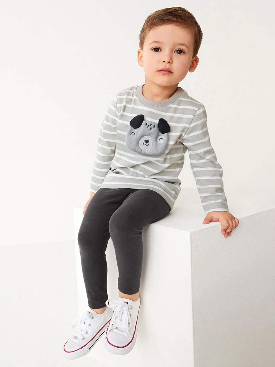 

LULU & SKY Boys Striped Pure Cotton T-Shirt With Trousers, Grey