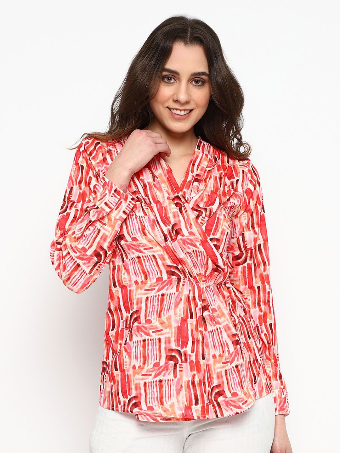 

Satrisha -Women Printed Cuffed Sleeves Longline Wrap Top, Red