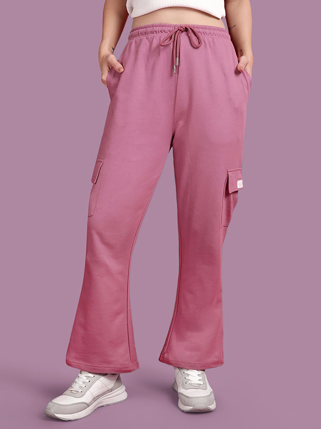 

TWIN BIRDS Cotton Solid Pink relaxed Fit Bootcut Cargo Style Track Pant for Women