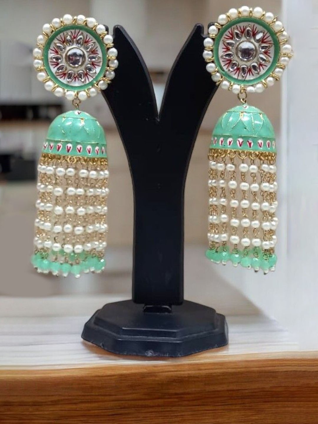 

TISHUL JEWELS Gold-Plated Stones Studded And Beaded Dome Shaped Tasselled Drop Earrings