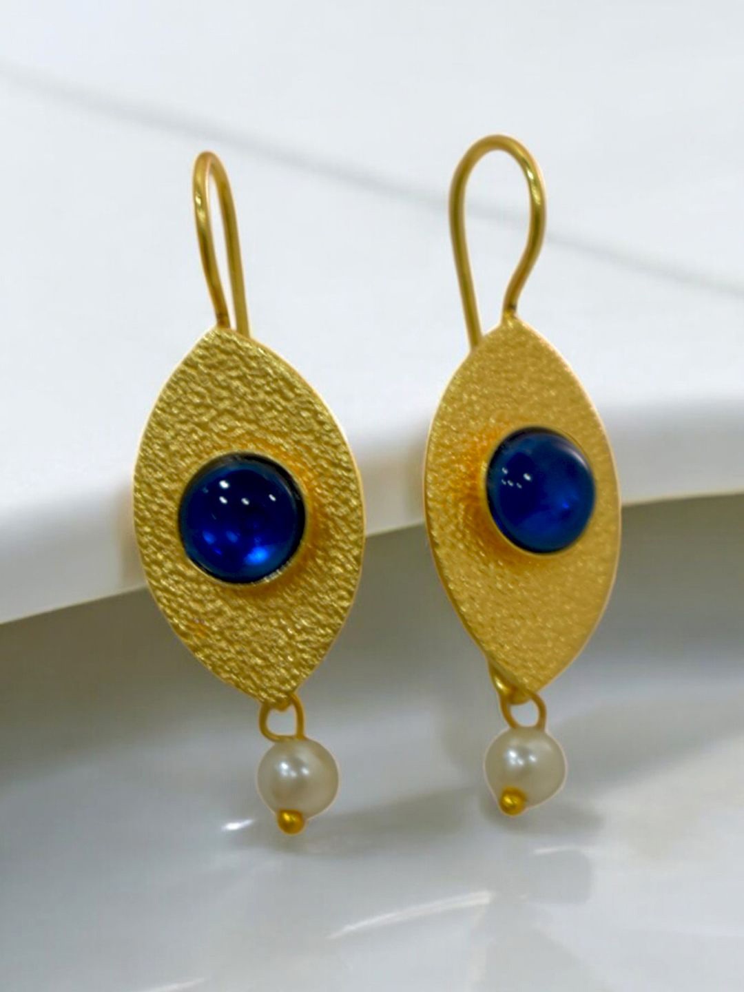 

TISHUL JEWELS Gold-Plated Stones Studded And Beaded Teardrop Shaped Drop Earrings, Blue