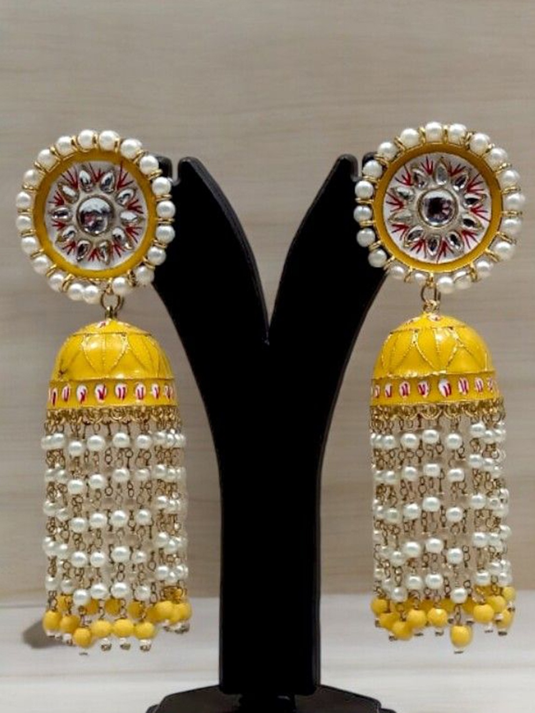 

TISHUL JEWELS Gold-Plated Stones Studded And Beaded Dome Shaped Tasselled Drop Earrings