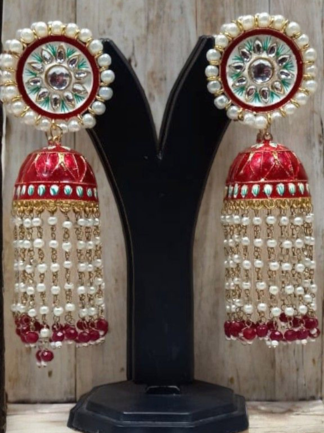 

TISHUL JEWELS Gold-Plated Stones Studded And Beaded Dome Shaped Tasselled Drop Earrings