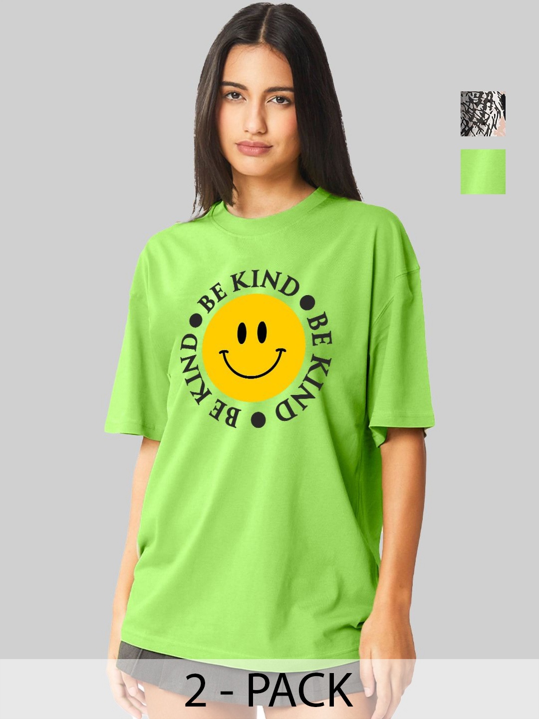 

Leotude Women Pack Of 2 Graphic Printed Round Neck Cotton Oversized T-shirts, Green
