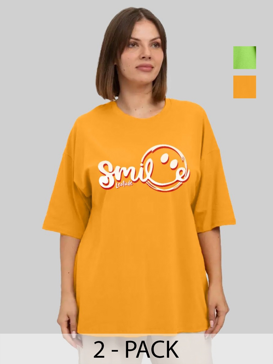 

Leotude Women Pack Of 2 Typography Printed Round Neck Cotton Oversized T-shirts, Mustard