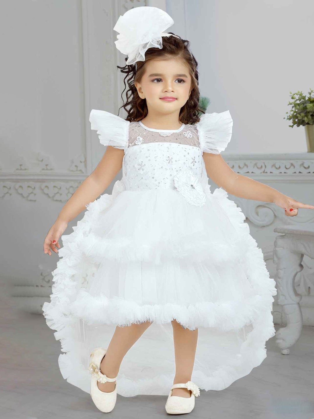 

Lagorii Girls Frill Sleeves Sequin Embroidery With Floral Embellished Tail Back Frock, White