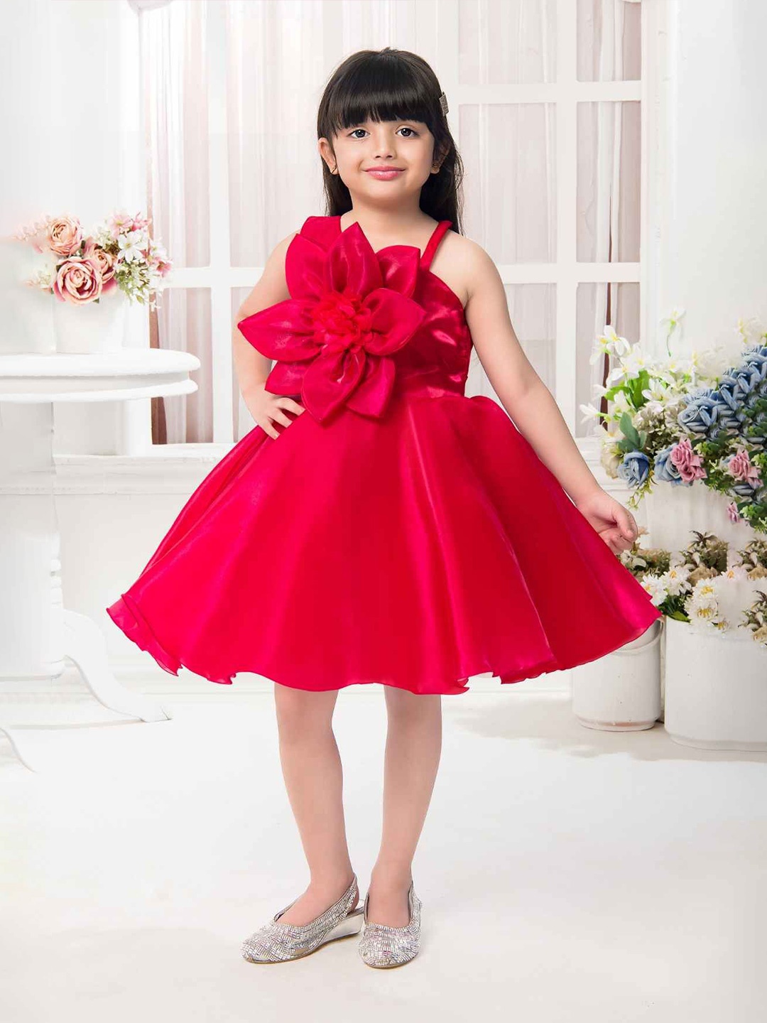 

Lagorii Girls Sleeveless And Floral Embellished Frock - Rani Pink