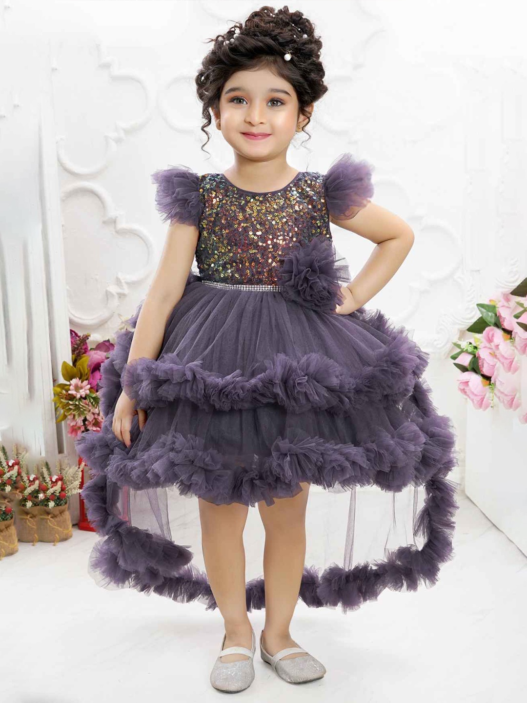 

Lagorii Girls Frill Sleeves sequin Embroidery With Floral Embellished Tail Back Frock, Mauve