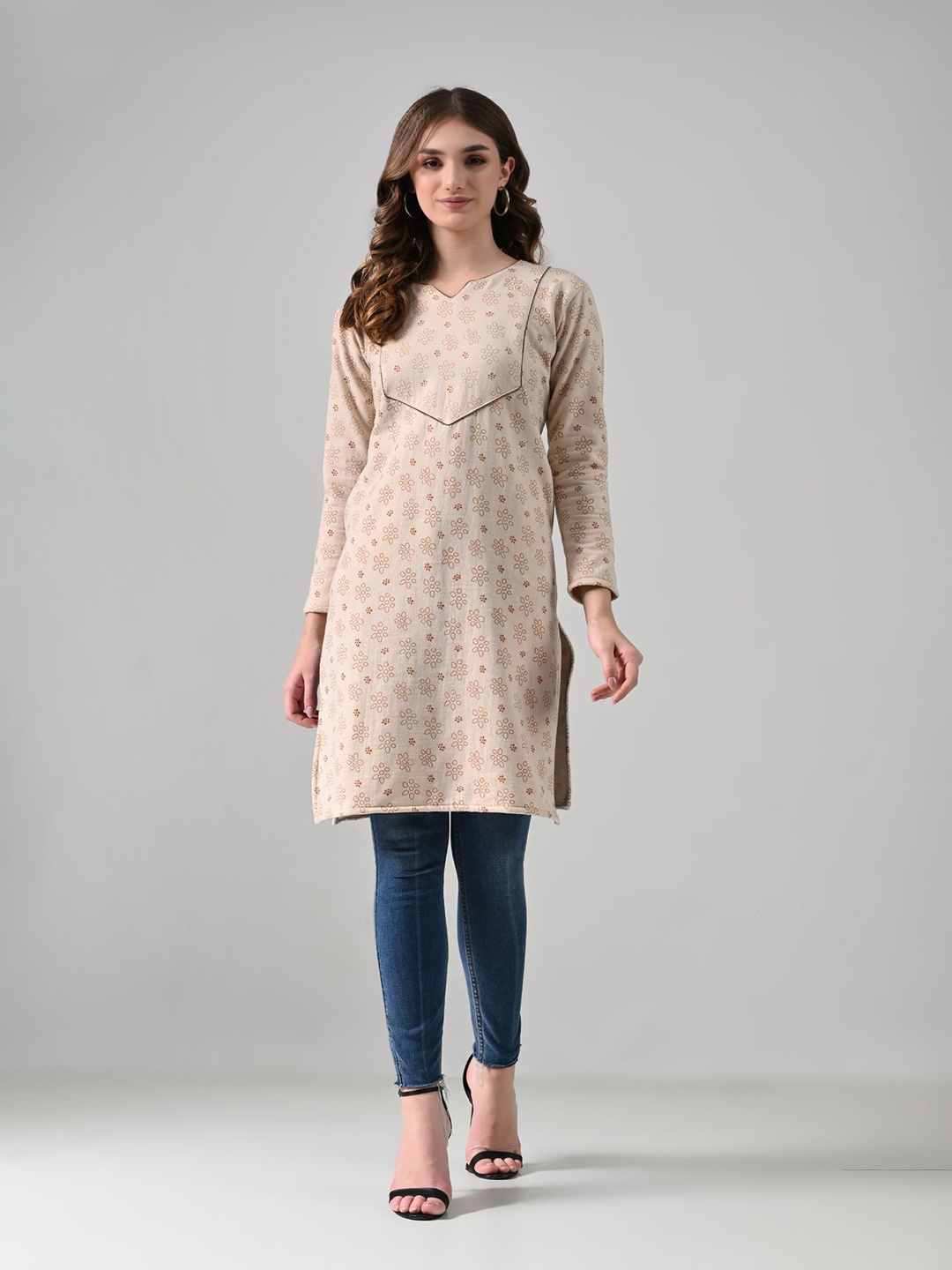 

BAESD Women Floral Printed Winter Kurti, Beige