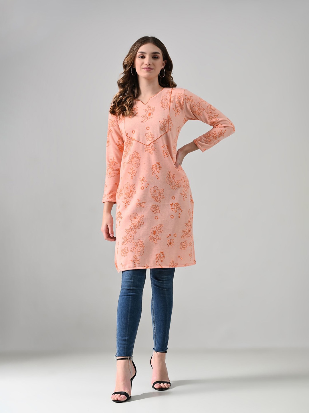 

BAESD Women Floral Printed Kurti, Peach