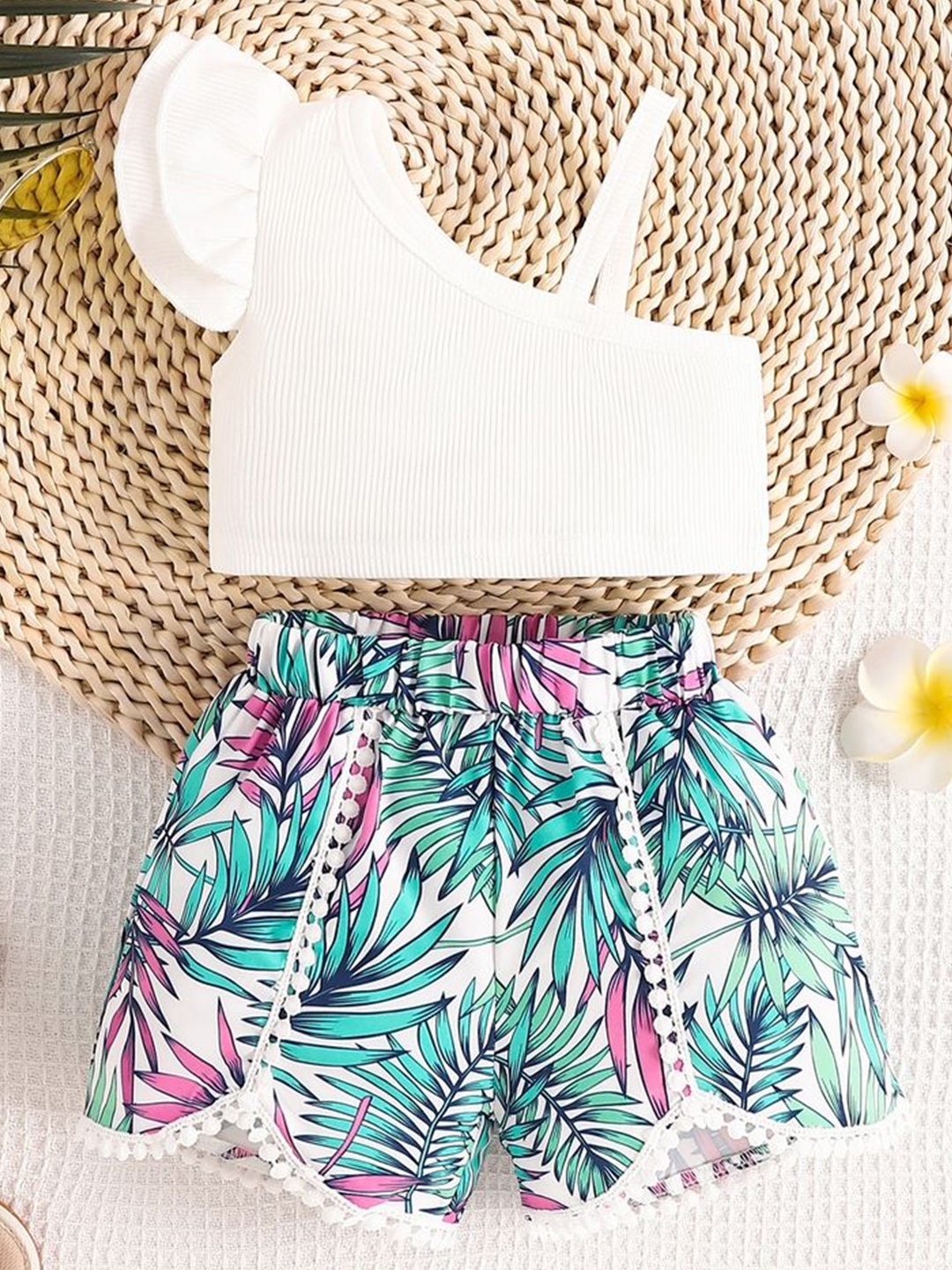 

LULU & SKY Girls One Shoulder Top With Shorts, Green