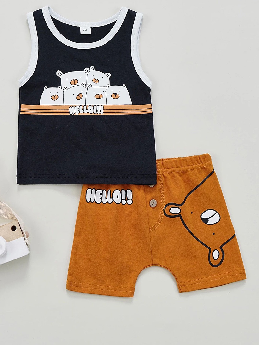 

LULU & SKY Boys Printed Round Neck Sleeveless Pure Cotton T-Shirt With Shorts, Brown