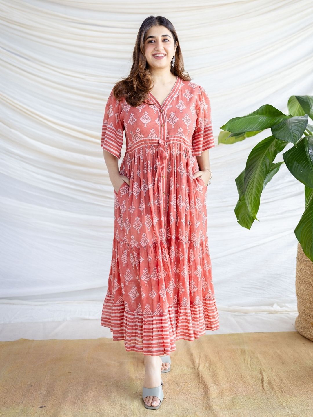 

THE INDIAN ETHNIC CO Women Cotton Ethnic Motifs Printed Fit & Flare Maxi Dress, Red