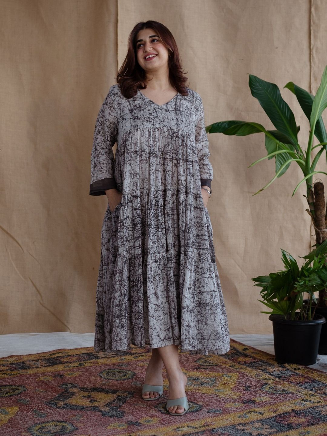 

THE INDIAN ETHNIC CO Printed A-Line Midi Dress with Slip, Charcoal