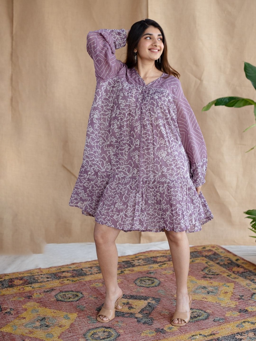 

THE INDIAN ETHNIC CO Printed A-Line Knee Length Dress, Lavender
