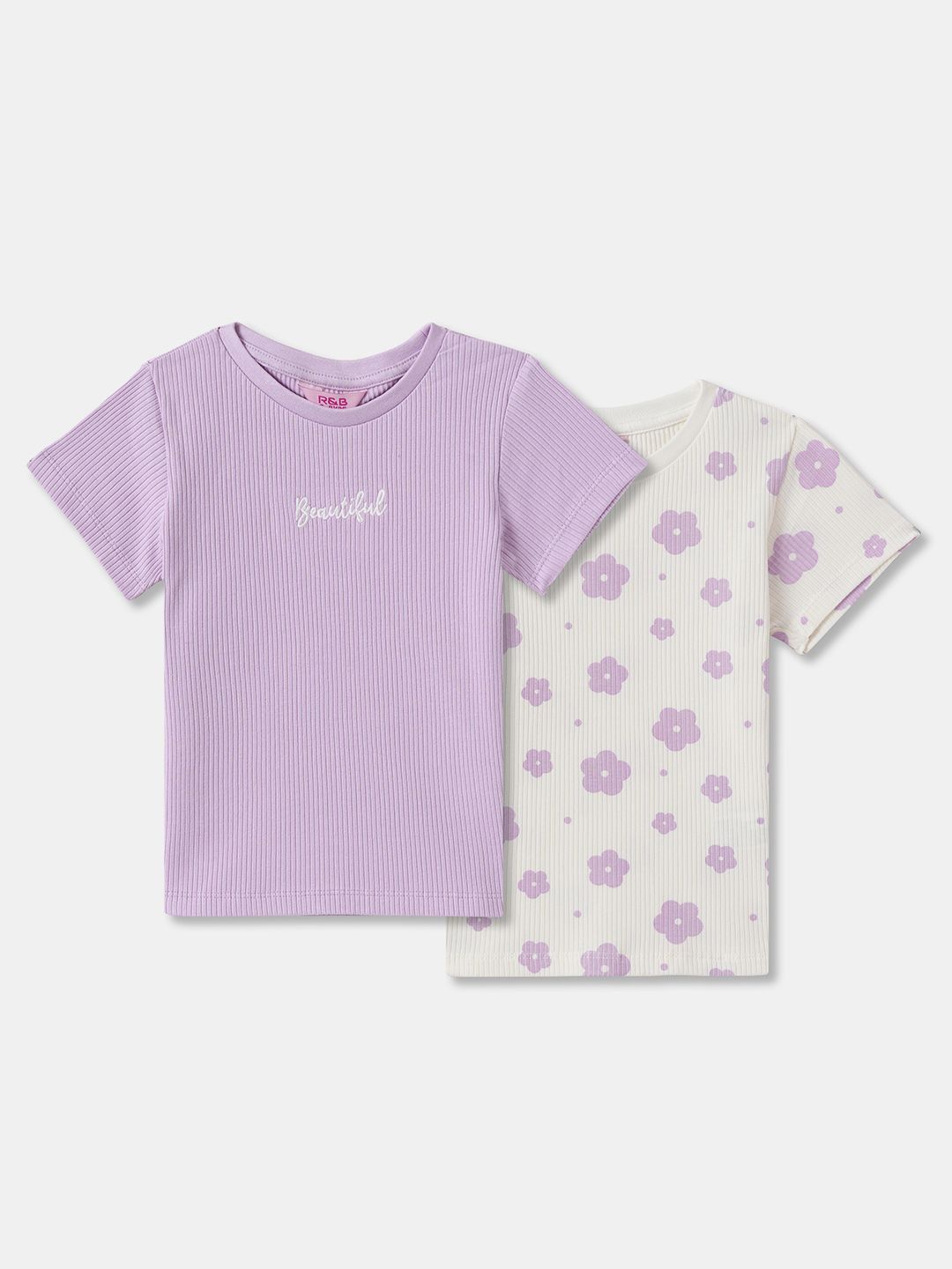 

R&B Girls Pack Of 2 Floral Printed Round Neck Cotton T-shirts, Lavender