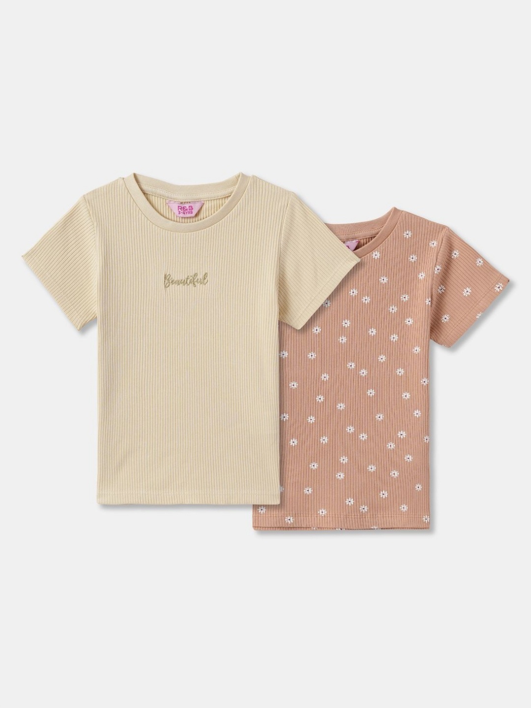 

R&B Girls Pack Of 2 Floral Printed Round Neck Cotton T-shirts, Brown