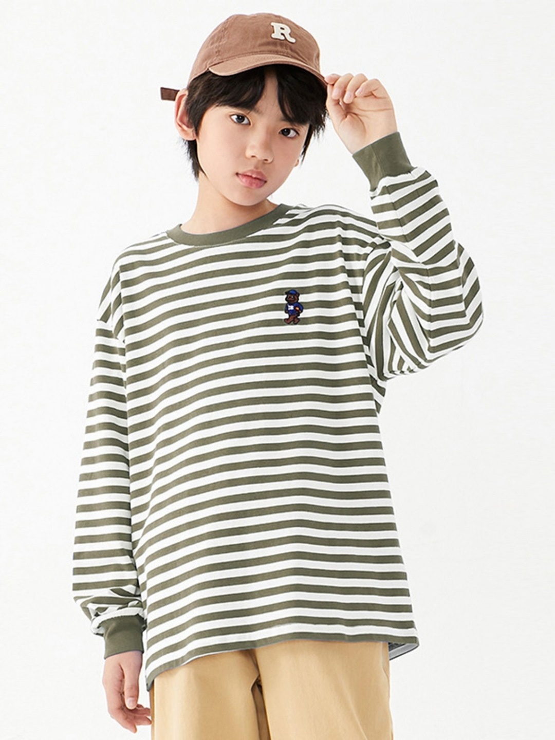 

LULU & SKY Boys Striped Round Neck Cotton Relaxed Fit T-shirt, Olive