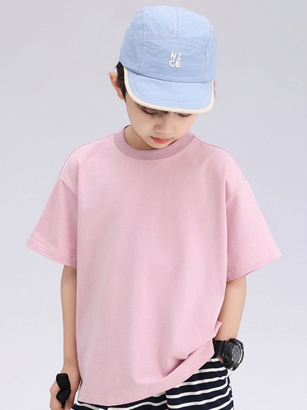 

LULU & SKY Boys Solid Round Neck Cotton Relaxed Fit T-shirt, Pink