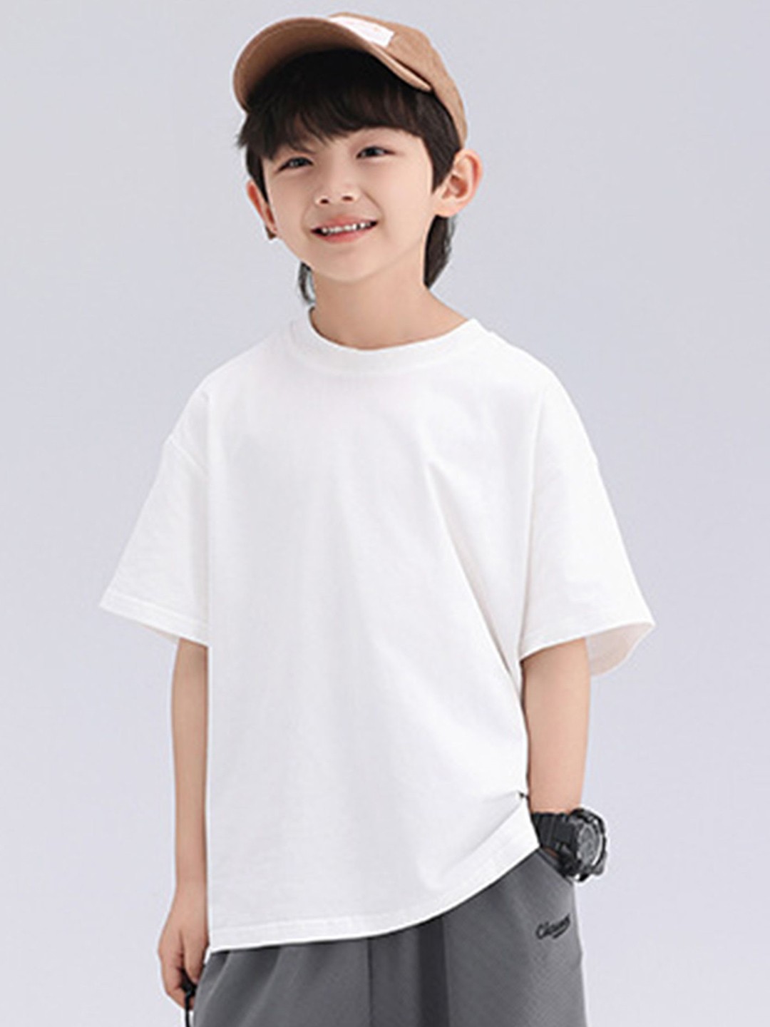

LULU & SKY Boys Solid Round Neck Cotton T-shirt, Off white