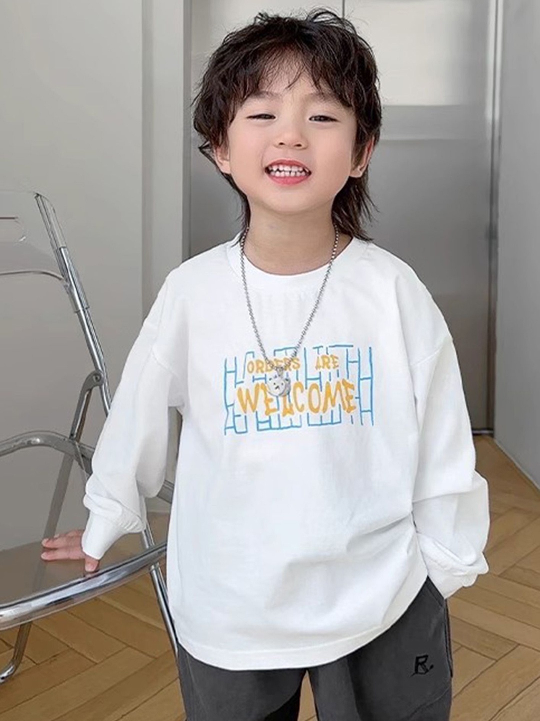 

LULU & SKY Boys Typography Printed Round Neck Cotton Relaxed Fit T-shirt, White